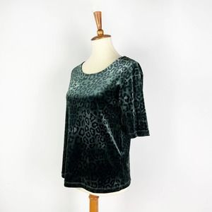 Green animal print velvet velour short sleeve shirt Size 36 US Small 90s y2k